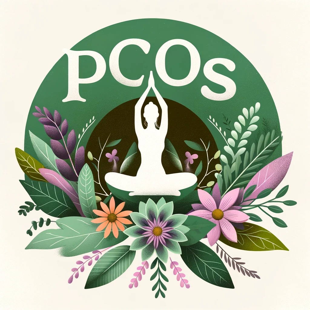A tranquil illustration featuring the acronym 'PCOS' in large letters surrounded by a diverse array of green leaves, purple flowers, and a female figure in a yoga pose, symbolizing a holistic approach to managing Polycystic Ovary Syndrome.
