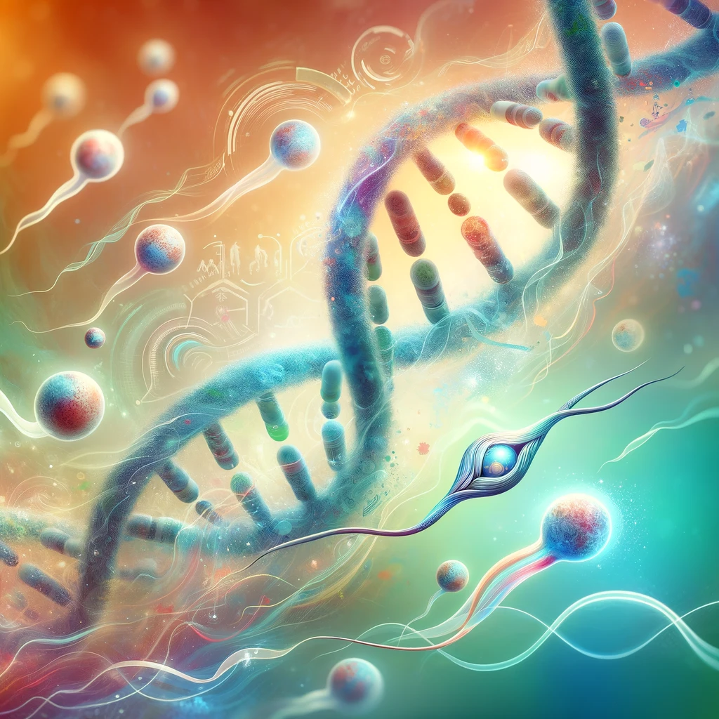 Artistic representation of a DNA double helix and a sperm cell, symbolizing the intersection of genetics and fertility.