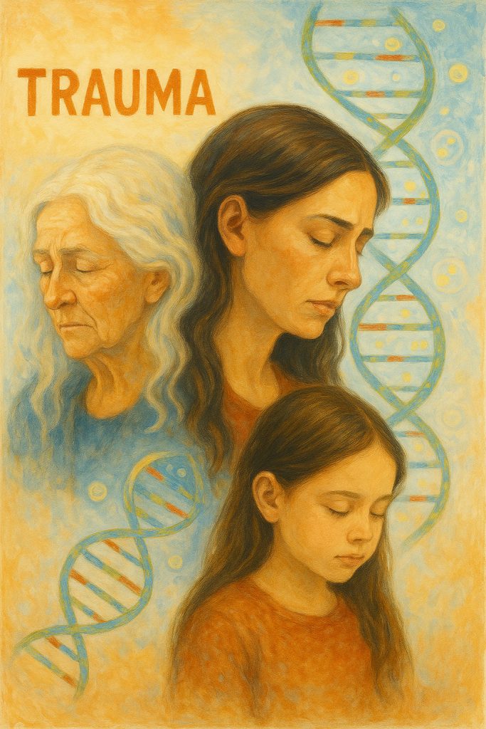 Image depicting fertility and trauma are interconnected. Image of three women from 3 generations and DNA strands