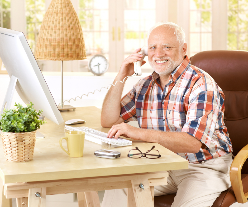 image of an old man sitting in front of a desk. this image is set to represent the dwindling testosterone level of men throughout the years